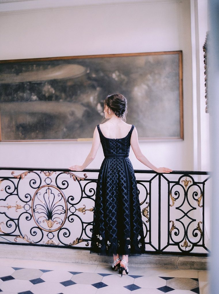 Dior black dress for an engagement shoot in Paris at Musee Rodin