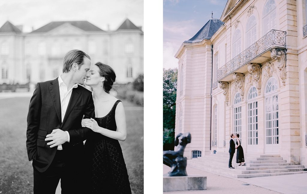 couple kissing in Paris at Musee Rodin before their wedding