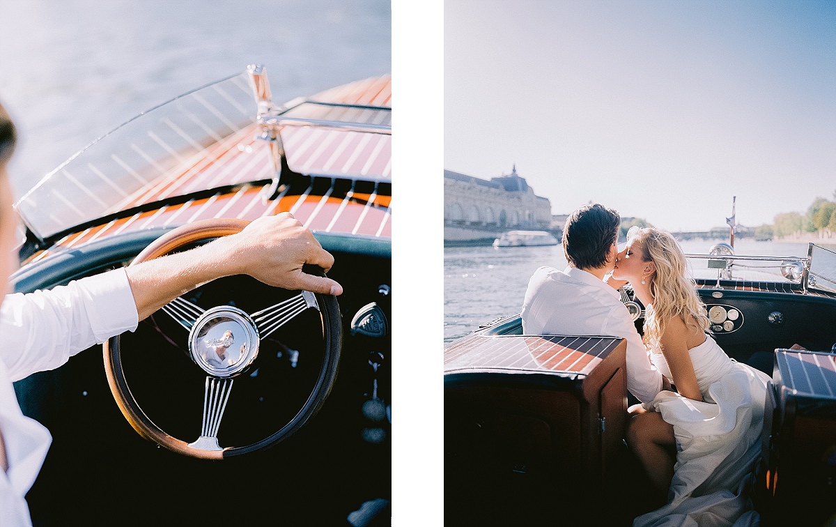 pre wedding photos for your engagement shoot in paris on a boat cruise on the Seine river by film photographer Audrey