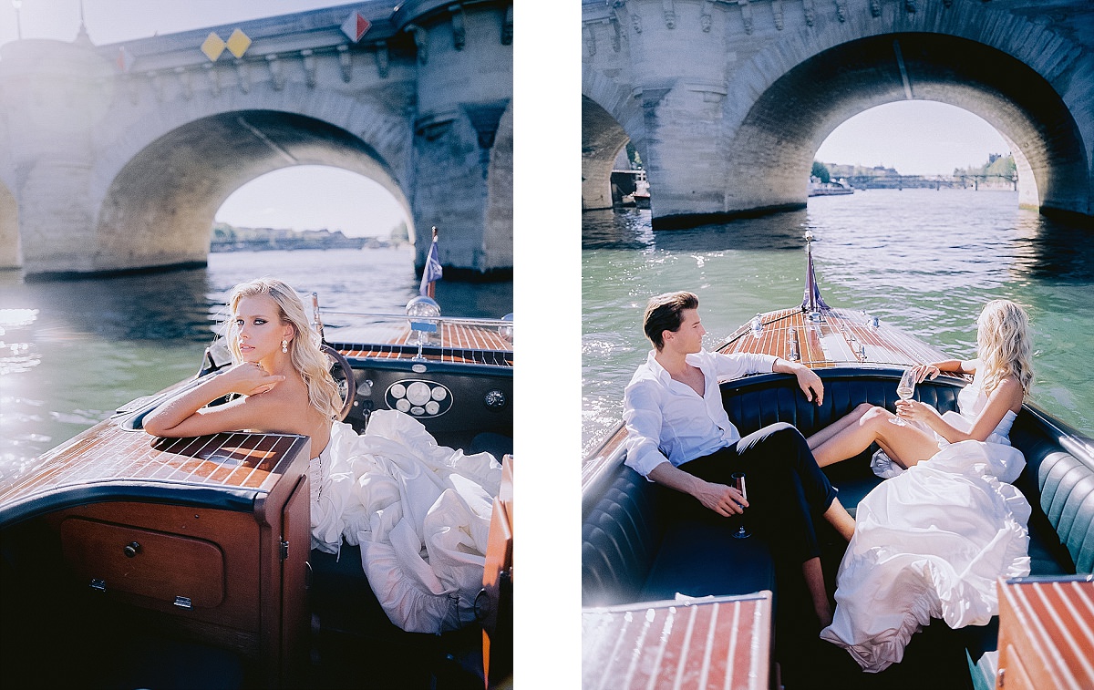 pre wedding photos for your engagement shoot in paris on a boat cruise on the Seine river by film photographer Audrey