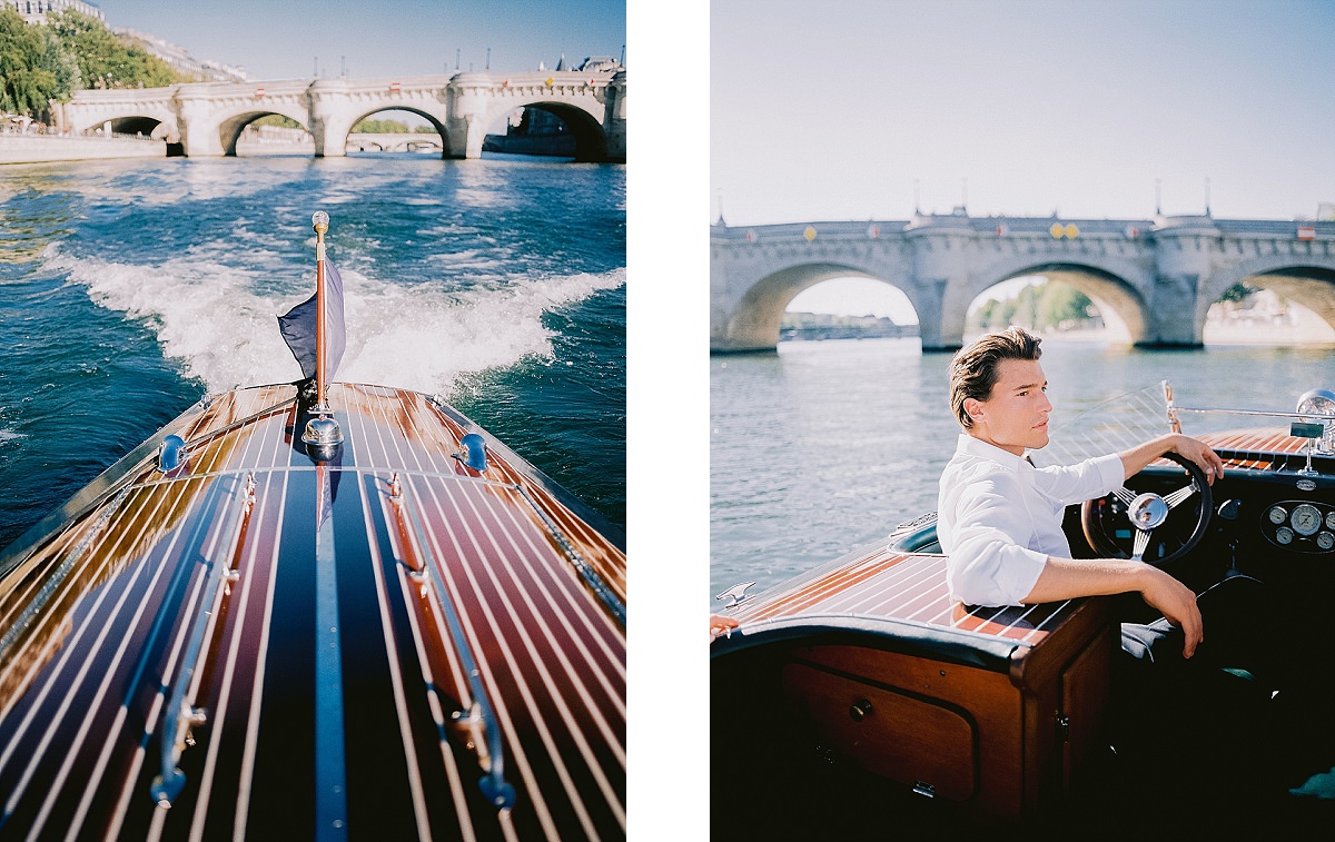 pre wedding photos for your engagement shoot in paris on a boat cruise on the Seine river by film photographer Audrey