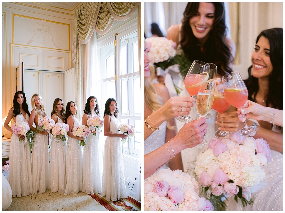 Bridesmaids during the getting ready at the Ritz with Champagne