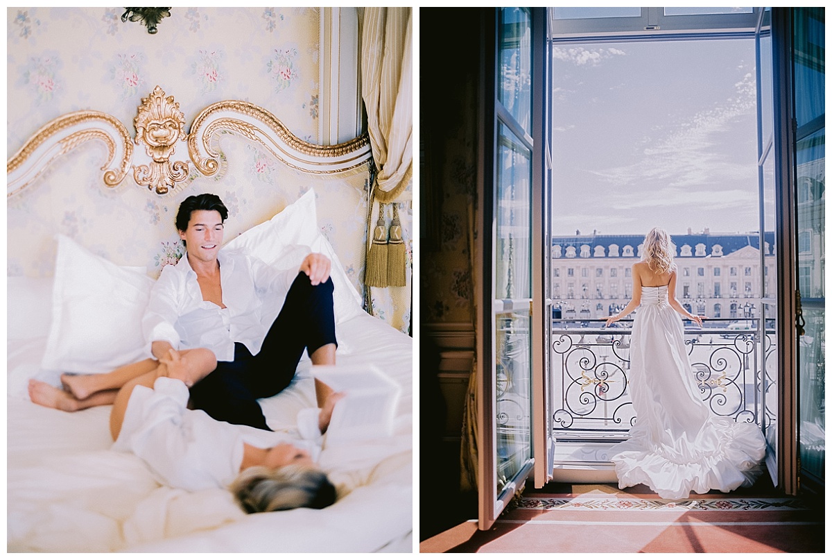 the bride and the groom on the morning in there suite at the Ritz 