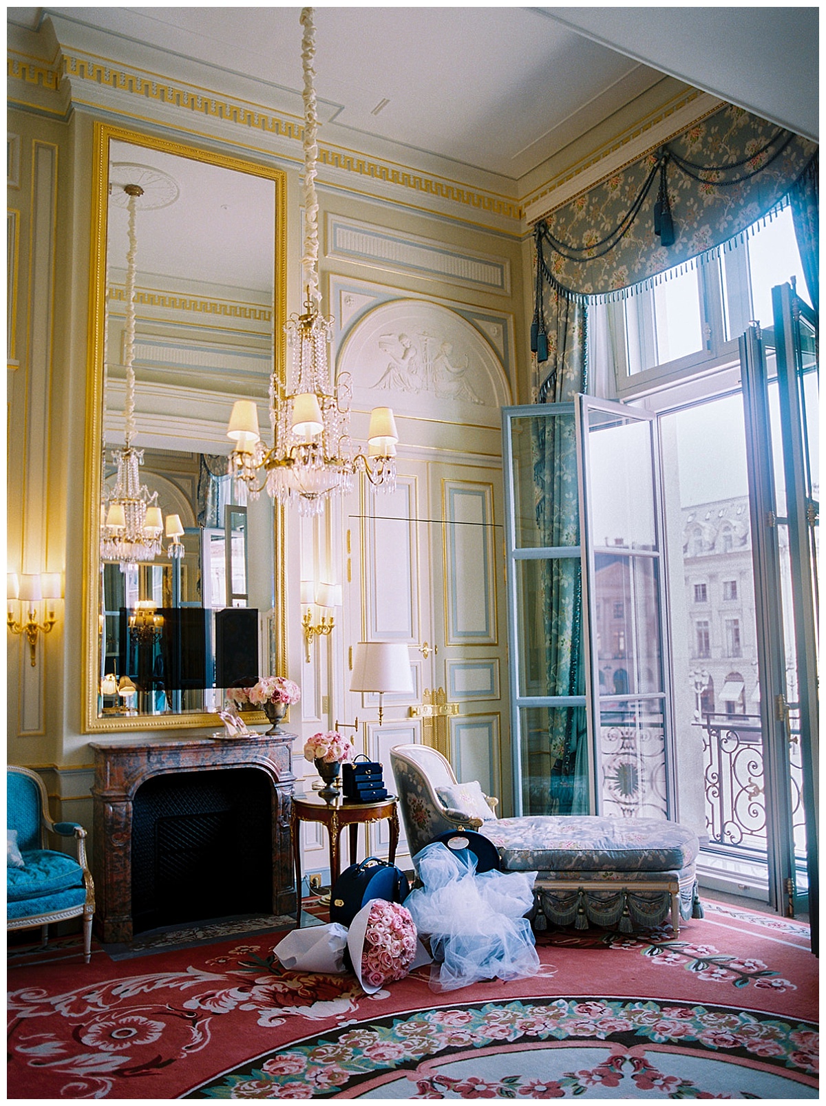the suite of the ritz, with the gifts of the ritz and the wedding bouquet 