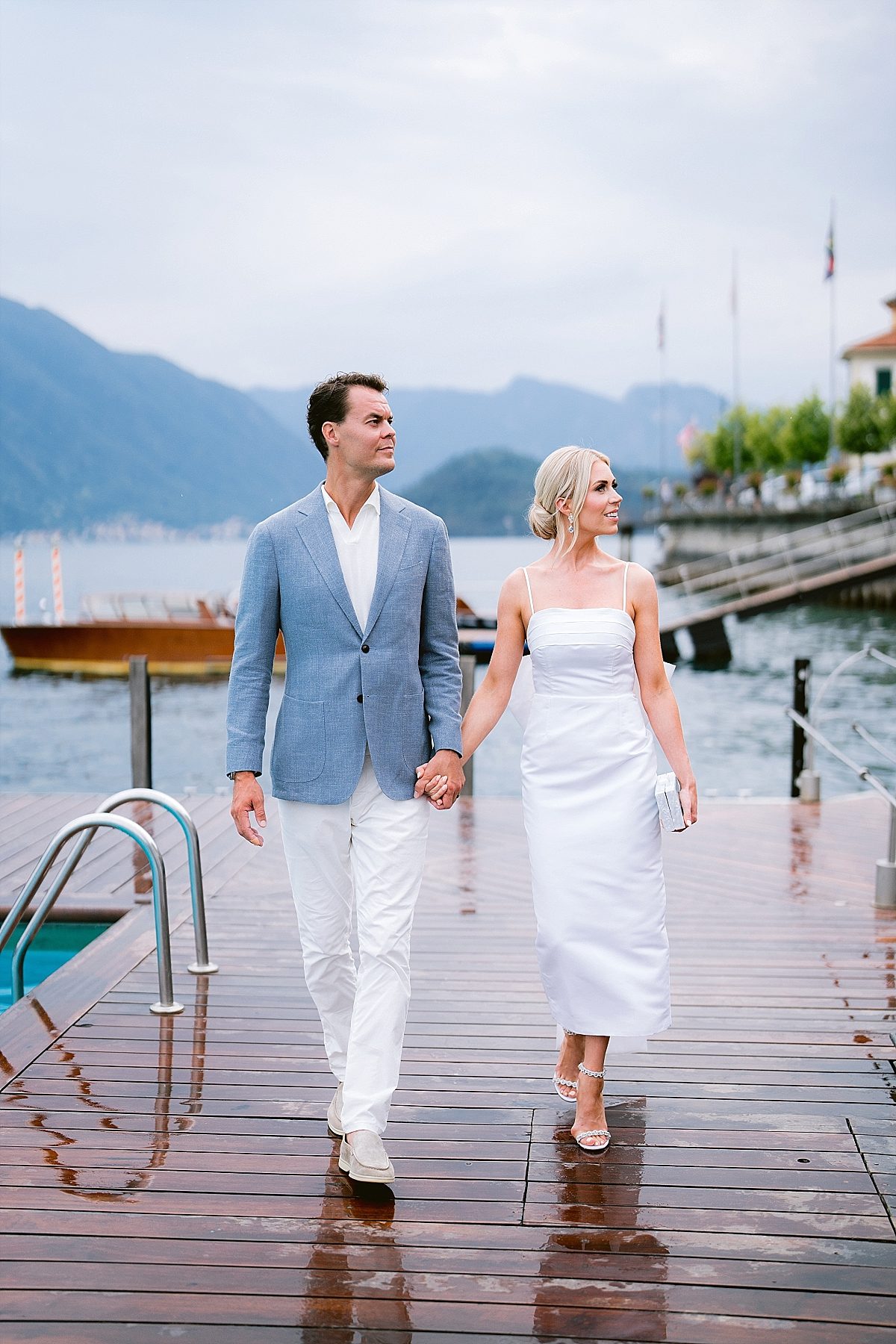 Bride and groom front of Grand hotel tremezzo Lake Como Welcome dinner 