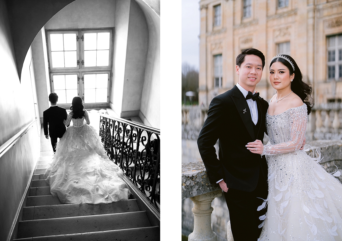 Bride and groom for their wedding at Chateau de Vaux le Vicomte 