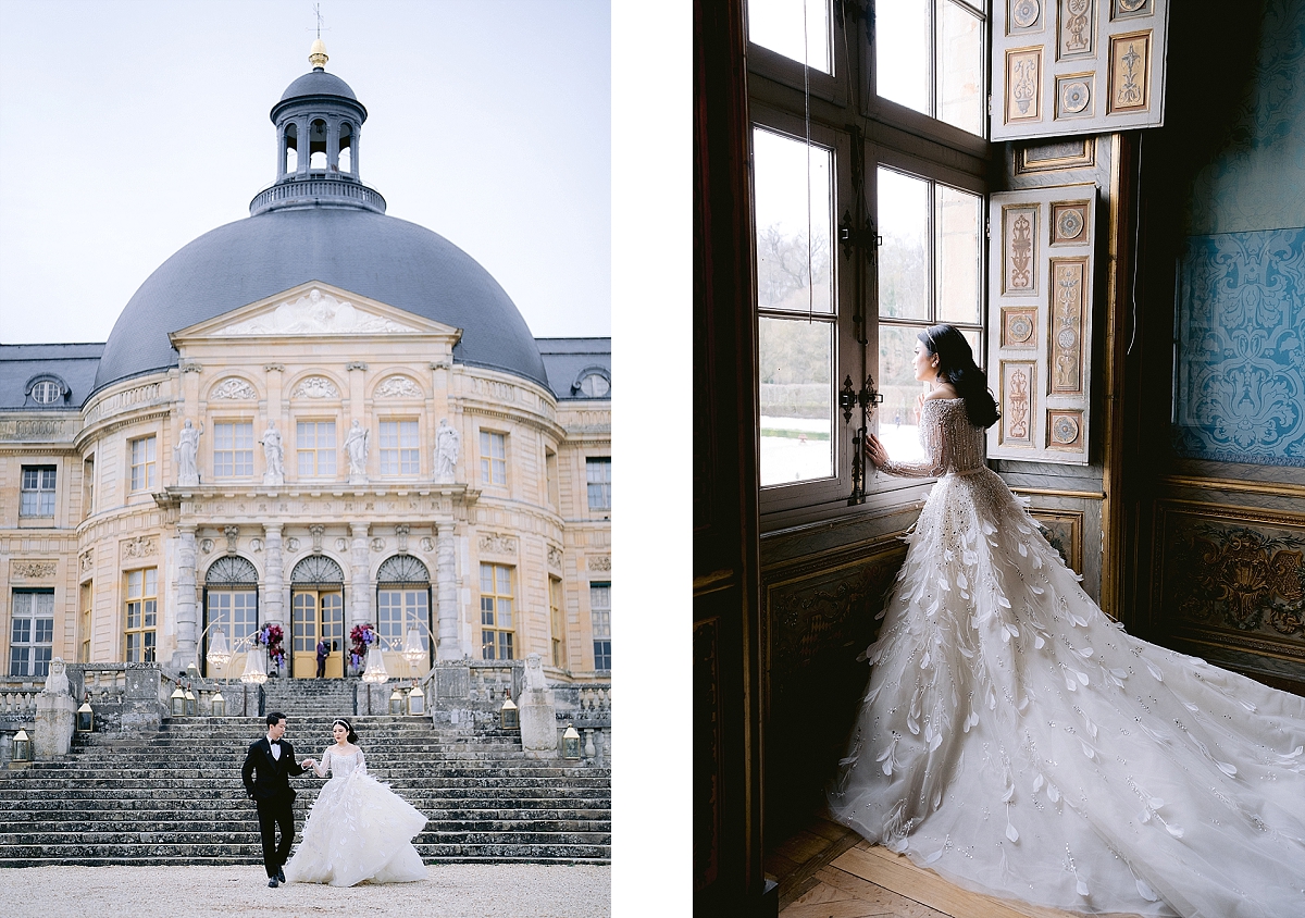 Valencia Tanoesoedibjo in her Elie Saab wedding dress with Kevin Sanjaya at Chateau de Vaux le Vicomte 