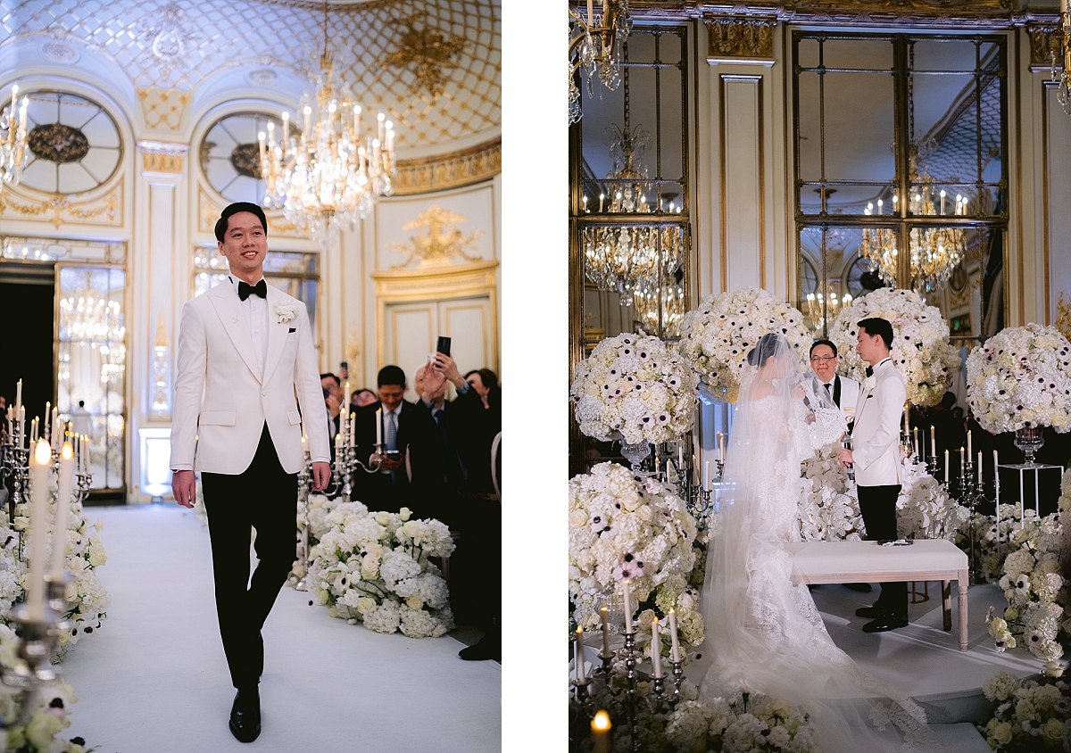 Bride and groom at their wedding ceremony at Le Meurice Paris 